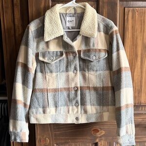 Women's Plaid Sherpa Jacket - Gray and Cream